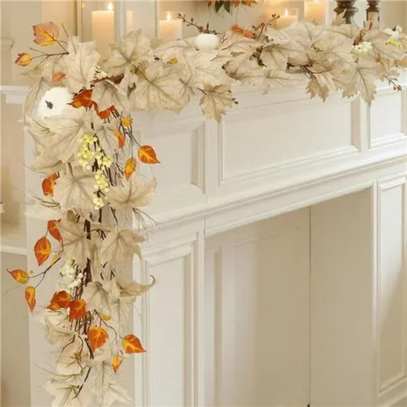 Fall Leaves Garland for Mantle, Autumn Leaf Garland with White Pumpkins