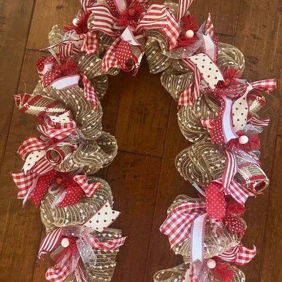 Valentines Day 55” 4 1/2’ Fireplace Door Tabletop GARLAND Red White Plaid Burlap