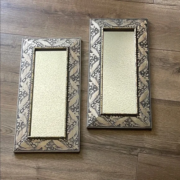 Decorative Carved Look Wall Mirrors in Gold Tone Set of 2 H:17.5” x W:9”