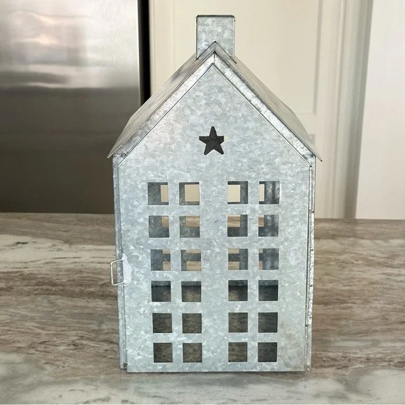 Large Galvanized Metal Luminary Holiday House / Christmas Village Lantern