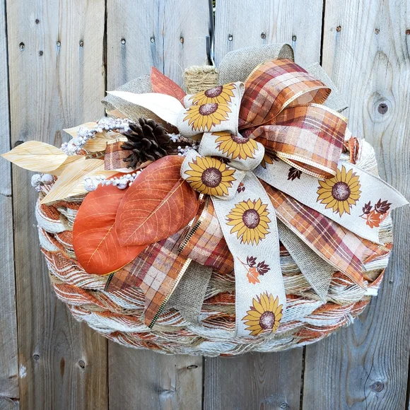 Handmade Ribbon Weaved Fall Rustic Farmhouse Hang Pumpkin