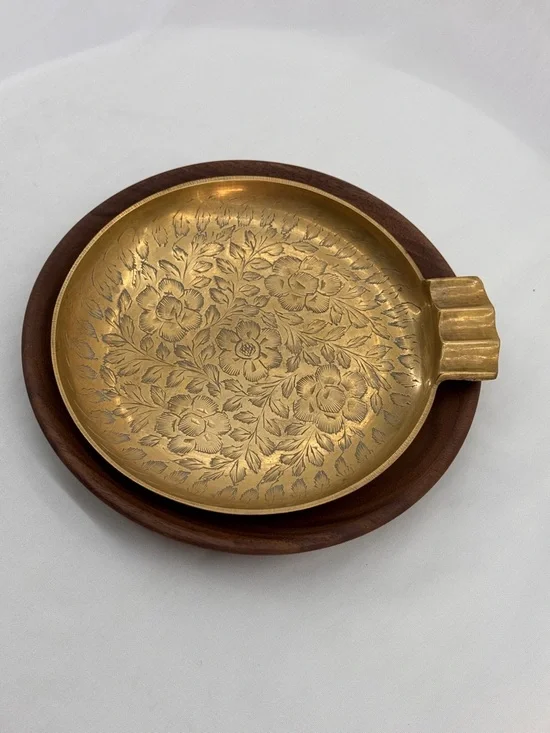 MCM Boho Decor Vintage Etched Brass Floral Ashtray & Walnut Wood Trinket Dish