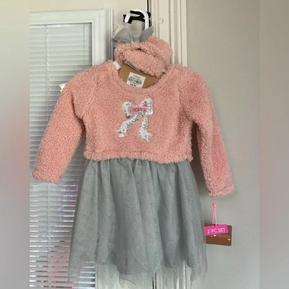Young Hearts pink and gray tutu dress with diaper cover and headband 18 mths NWT