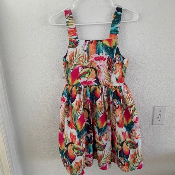 Tu Kids Girls Tropical Parrot Print Dress 11 Years 146cm Cotton Smocked‎ Back