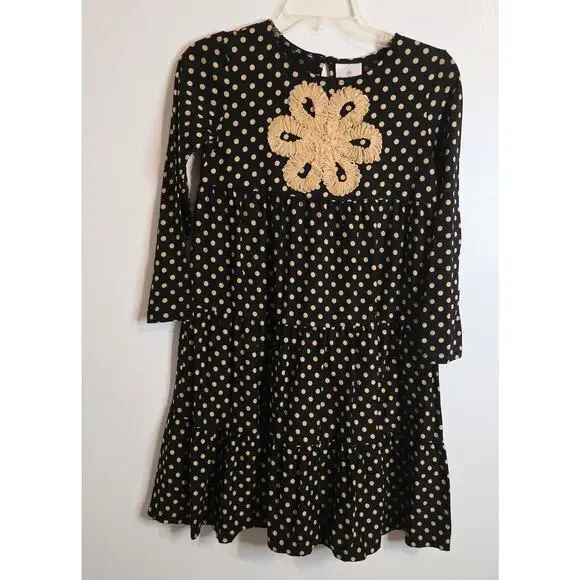 Hanna Anderson Dress Girl's 140 (US 10) 9-10 Years Old Black Gold Polka Dots