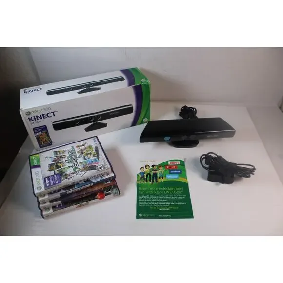 Microsoft Xbox 360 Kinect Sensor Bar In Box With 4 Games & AC Adapter Tested