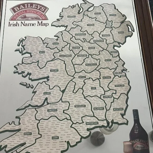 Vintage - RARE Framed Bailey's Irish Name Mirror Map featuring Irish names