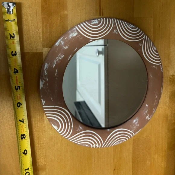 Round Brown Decorative Wall Mirror with White Pattern