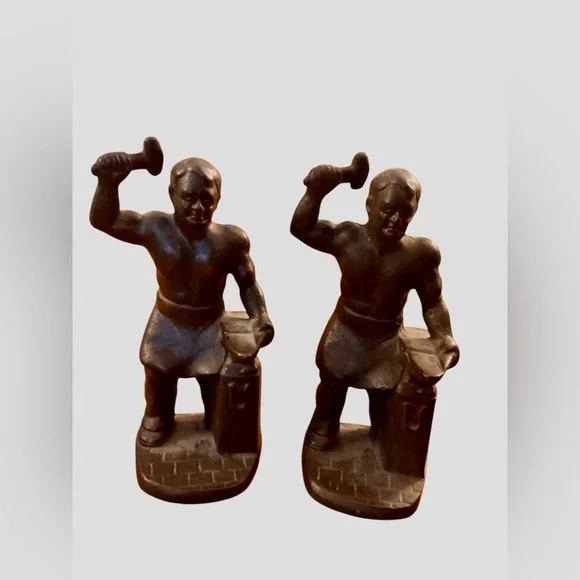 Vintage Cast Iron Blacksmith Figurines Industrial Worker Anvil Sculpture Pair