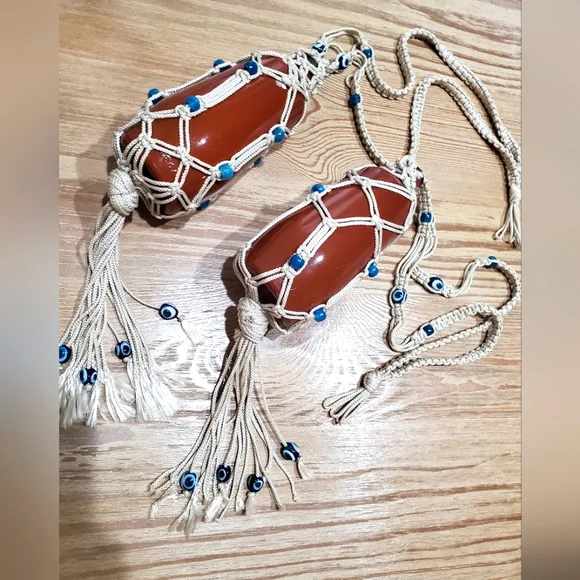 Vintage Bohemian Portugal Brown Glass Hanging Planter Decor Evil Eye Glass Beads
