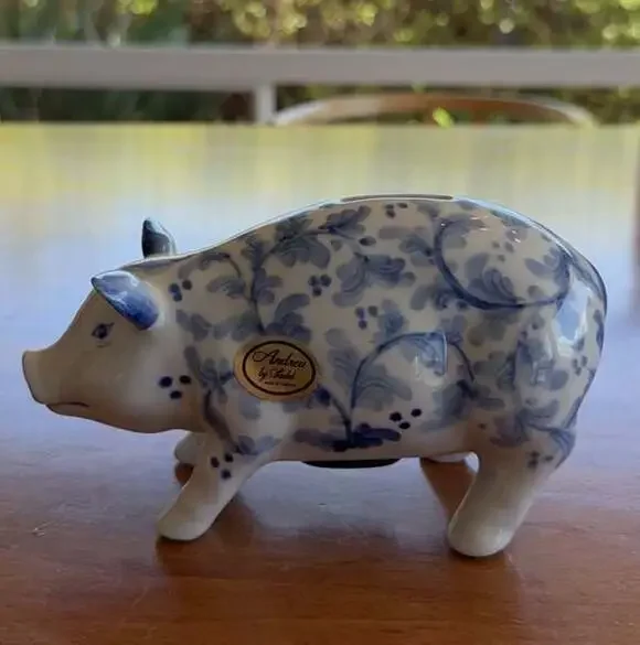 Andrea by Sadek Blue and White Floral Ceramic Piggy Bank