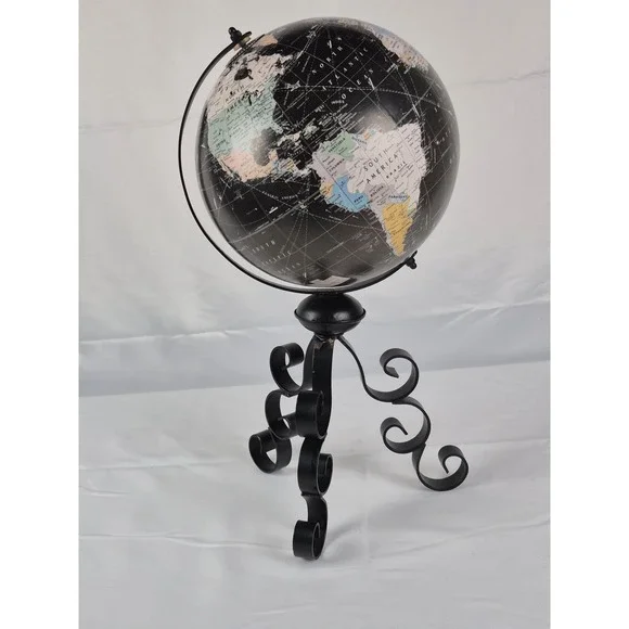Vintage Tilted Black Ocean Globe USSR Yugoslavia Serbia Wrought Iron Stand 16