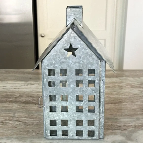Galvanized Metal Luminary Holiday House Star Cutout / Christmas Village Lantern