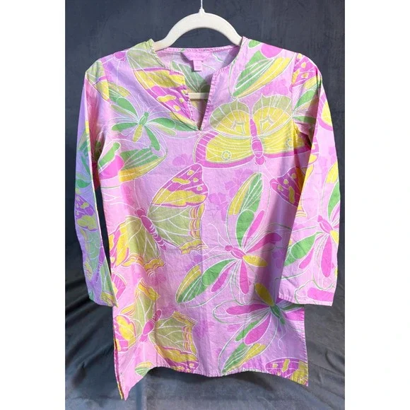 Lilly Pulitzer Girls Butterfly Pink Tunic Dress 100% Cotton Beach Pool Preppy L