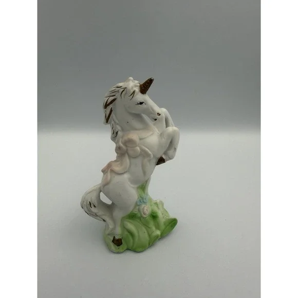 Vintage White Porcelain Bisque Rearing Unicorn Small Figurine