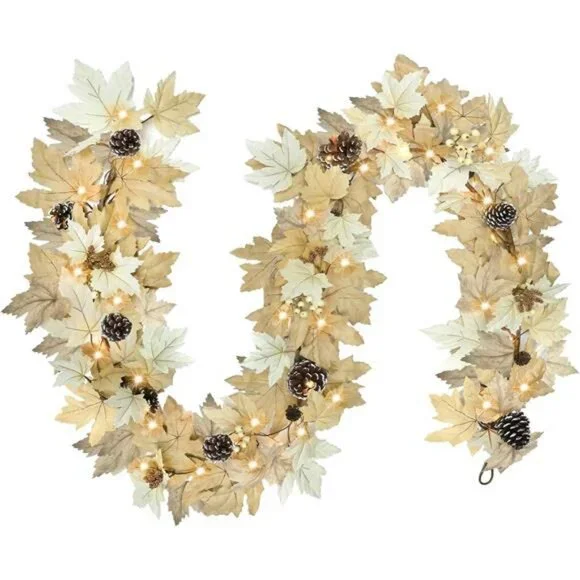 6 FT Realistic Fall Garland with Lights Timer Function Fall Leaves Maple