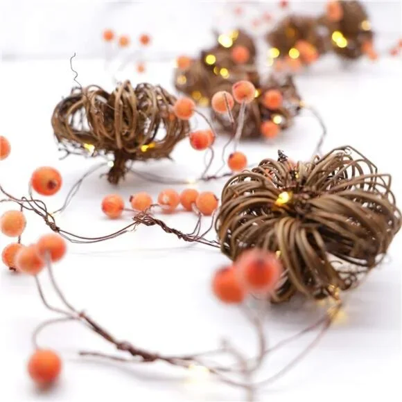 Fall Garland with Lights 10ft 30LEDs Rattan Pumpkin String Lights Battery