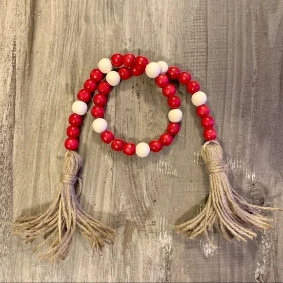 Farmhouse Wood Bead Garland Strand Red Natural Beads 28” Holidays Christmas