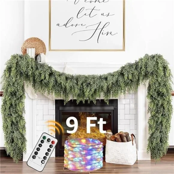 Cedar Christmas Garland with Lights for Mantle - Decorations 9ft Realistic