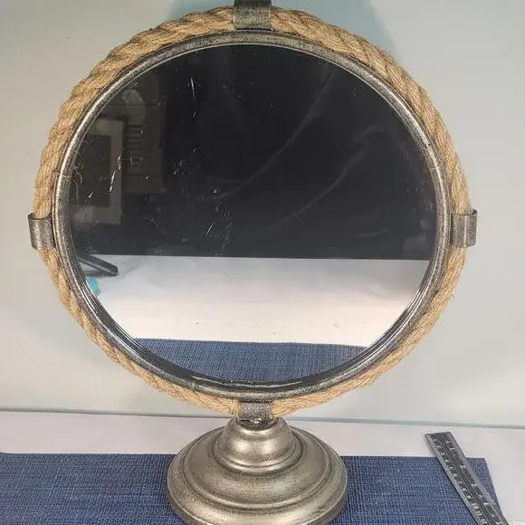 Vintage Round Table Mirror with Rope Frame and Metal Base 18x13 inches