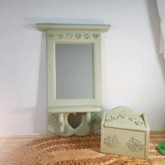 Sage Green Wooden Wall Mirror with Shelf and Matching Heart Trinket/Recipe Box