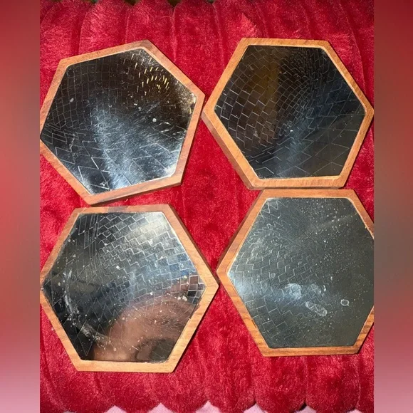 Hexagonal mirrored and wood coasters-set of 4