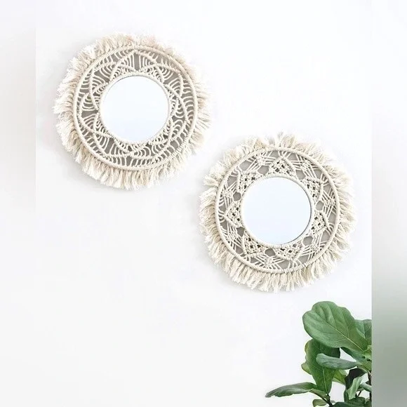 (2) Boho Hanging Wall Mirrors Macrame Fringe Wall Decor