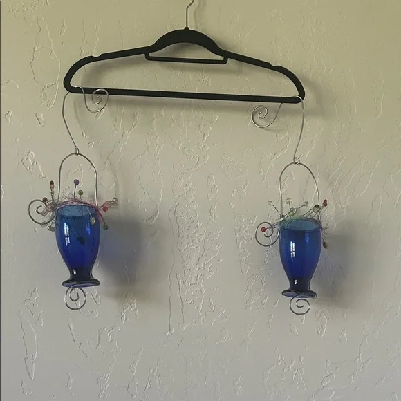 Blue Hanging Glass Vases with Wire Accents