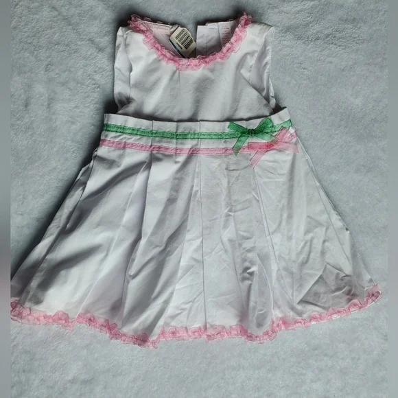 White Girls' Dress with Pink Trim and Green Bow First Impressions Size 24 Months