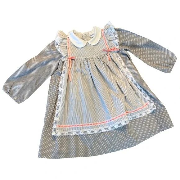 Nannette Girls Apron Dress Lace Gray Polka Dot 18–24 Months? Vintage