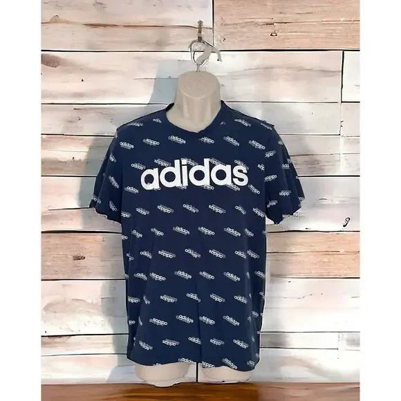 Blue White Adidas T Shirt Casual Preppy Print Graphic Cotton Sz Large