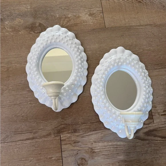 Vintage White Hobnail Sconce Mirror Candle Holder Mirror