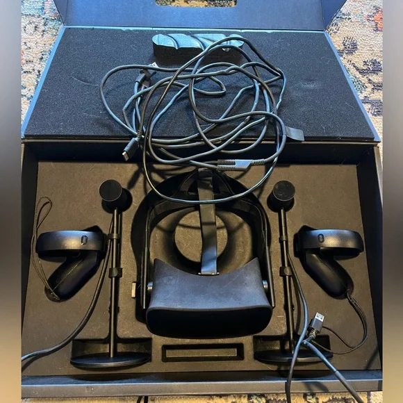 Black Oculus Rift VR Headset with Controllers and Sensors