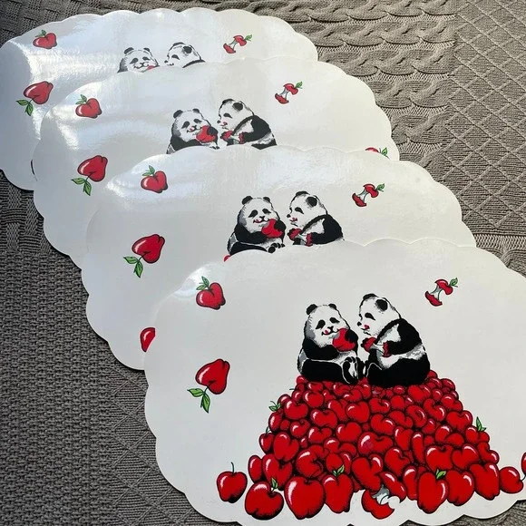 Vintage 70s Funky Panda & Apples Scalloped Vinyl Placemats
