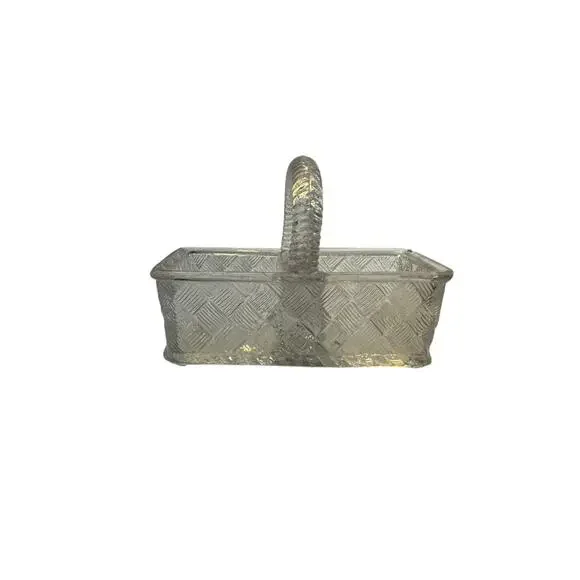 Vintage Rectangle Glass Basket with Handle Weave Pattern Salt Pepper Toothpicks