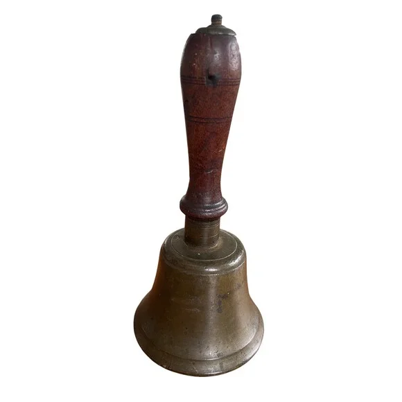 Antique Brass Hand Bell with Turned Wood Handle Vintage Schoolhouse Service Bell
