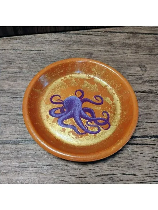Hand-Painted Terracotta Dish, Purple Octopus, Gold Accents, 6
