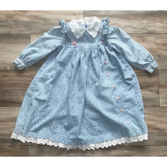 Vintage 1980s Toddler Girl 4 Blue Ditzy Floral Cotton Lace Collar Easter Outfit