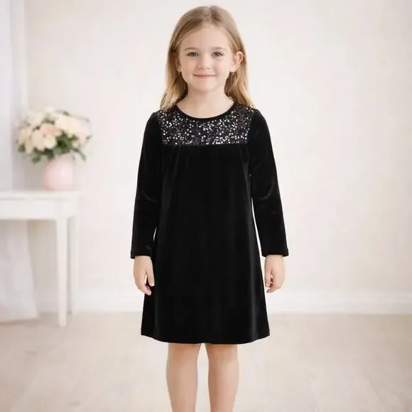Lands' End Girls Black Velour Sequined Long Sleeve Dress 7-8