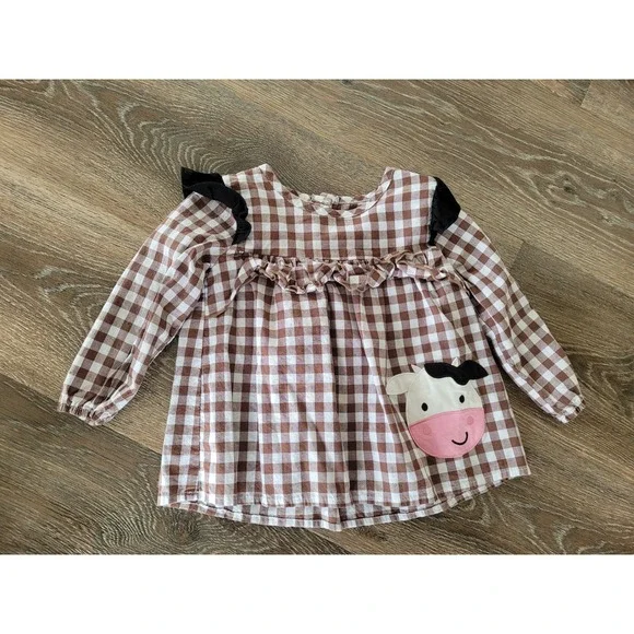Marie Nicole Clothing Brown‎ Gingham Cow Ruffle Dress Baby Girls 18-24 #6