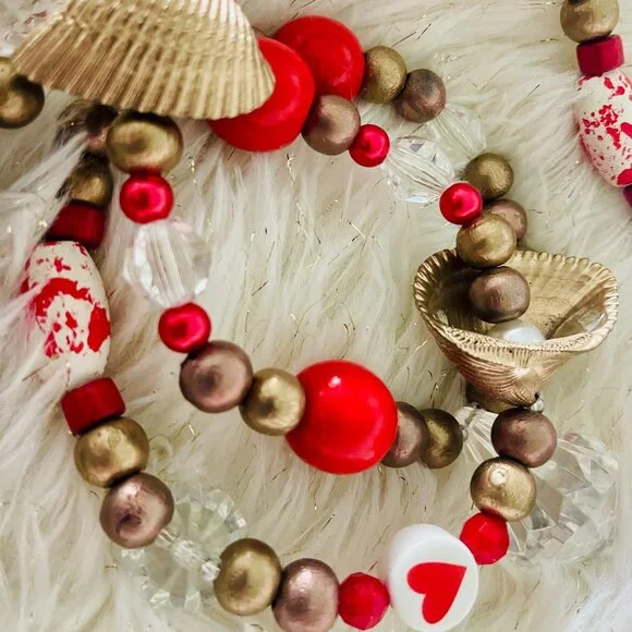 Hand Painted Beaded Valentine Garland- Red Hearts & Gold Seashells #3912