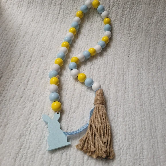 Blue and Yellow Wood Garland - Easter Themed with Tassle and Rabbit