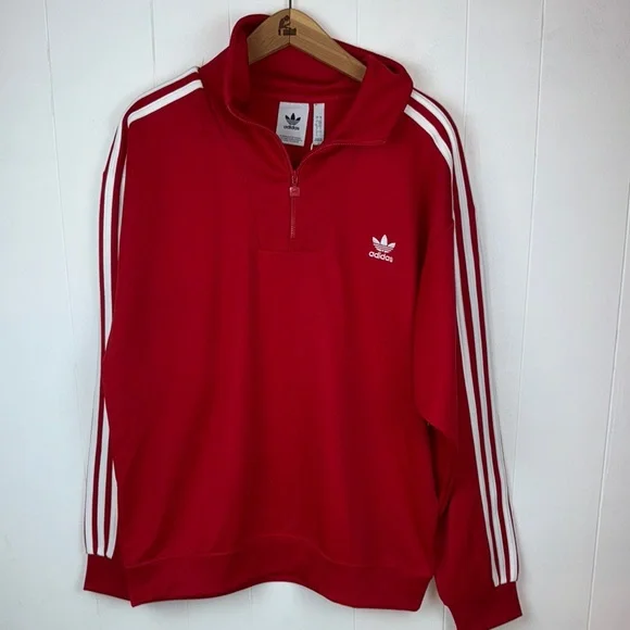 Adidas Red 1/4 Zip Up Sweatshirt Jacket with Signature Stripes Size L NWT