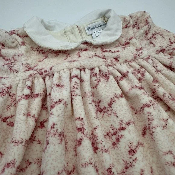 Ralph‎ Lauren 9 Months Baby Girl Pink Velvet Floral Dress Collar Soft 90% Cotton