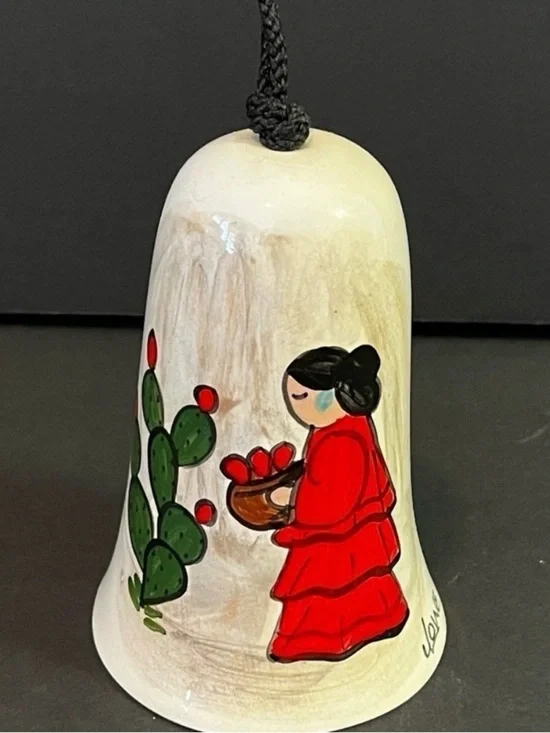 Southwest Mexican Pottery Hand Painted Wind Chime Bell Ornament Cactus Signed