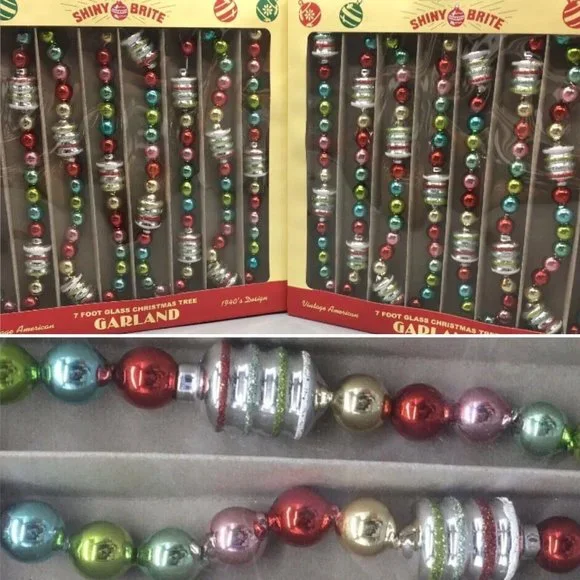 x3 Radko Shiny Brite Glass Christmas Tree Garland Figural Red Pink Aqua 7/ 21ft