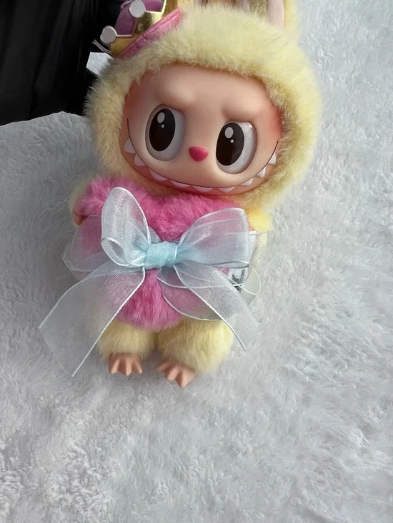 Pop Mart Labubu in Yellow and Pink with Blue Bow and Crown, and ring attached