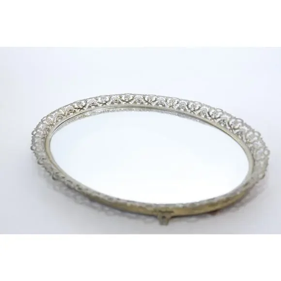 Oval Mirror Tray with Filagree Metal Frame, 14