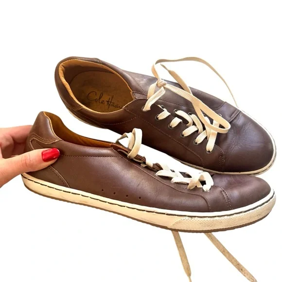 Cole Haan MENS Lace Up Casual Leather Nike Air Sneakers Brown Size 11.5