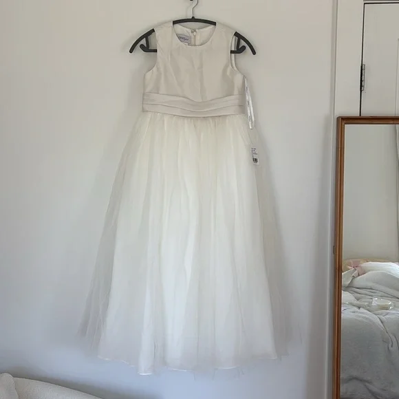 NWT Dessy Girl ivory flower girl dress size 14 satin tulle sash bow